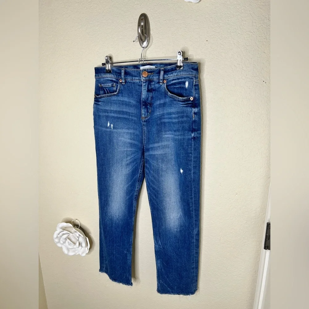 NTM: LOFT High Rise Straight Crop Jeans Medium Wash Distressed Raw Hem Size 27 - Picture 5 of 16